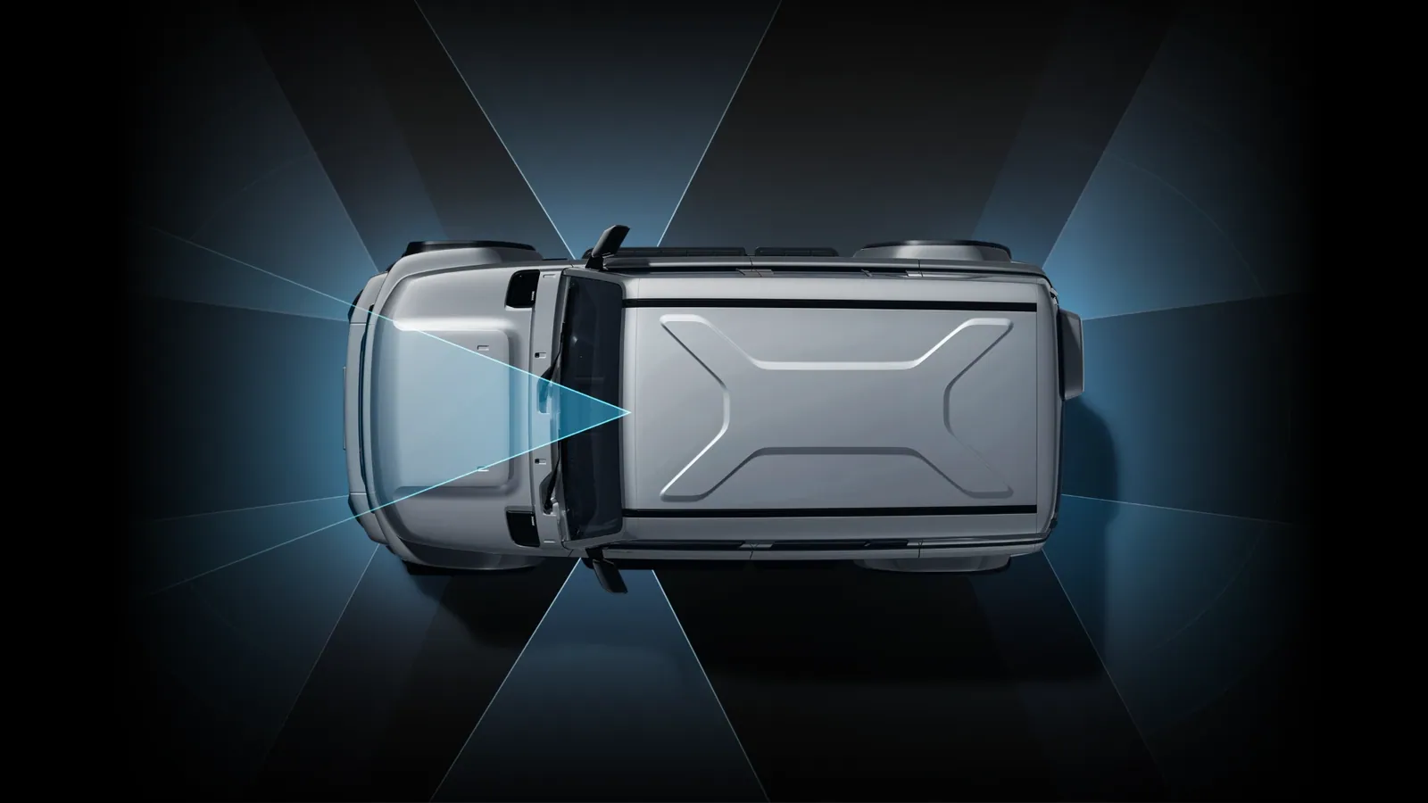 SUV vu du dessus, entouré de faisceaux lumineux sur fond sombre